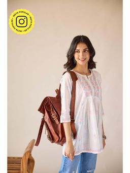 Old Marigold - Anamika Chanderi Hand Embroidered Short Chikankari White Kurti