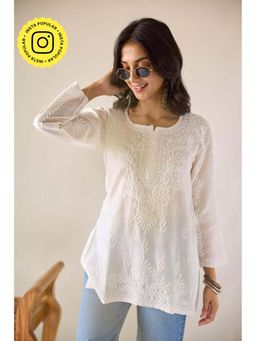 Old Marigold - Sangeeta Eggshell Chanderi Hand Embroidered Short Chikankari White Kurti