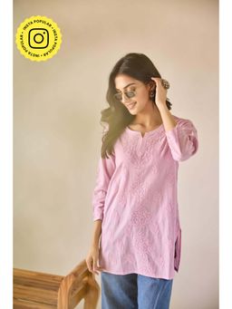 Old Marigold - Sonam Cotton Hand Embroidered Short Chikankari Lavender Kurti