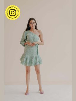 Old Marigold - Lexis Blue Schiffli One Shoulder Mini Dress