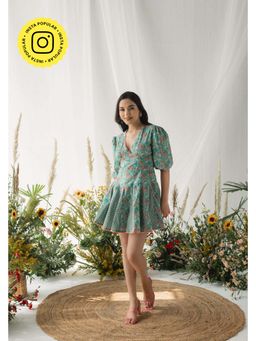 Old Marigold - Leah Printed Cotton Blue Mini Dress