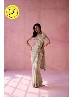 Old Marigold - Pear Meadow Green Chinon Embellished Saree without Blouse