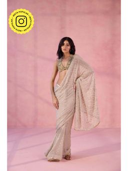 Old Marigold - She's Here Beige Viscose Embroidered Saree without Blouse