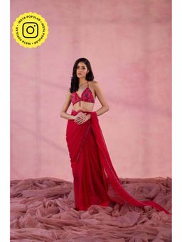 Old Marigold - Very Raspberry Red Chiffon Embellished Saree without Blouse