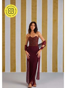 Old Marigold - Spiced Plum Burgundy Hand Embellished Corset with Sheer Fishnet Skirt and Stole