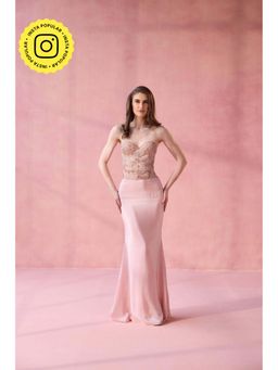 Old Marigold - Dessert Rose Peony Blush Embellished Corset with Mermaid Skirt and Choker Dupatta