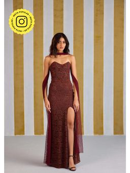 Old Marigold - Marrakesh Poms Chocolate Brown Lace Corset with High-Slit Skirt and Fishnet Stole