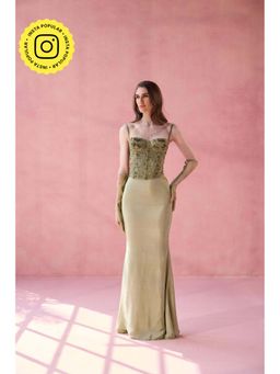 Old Marigold - Aperol Hour Olive-Sage Hand Embellished Corset with Crepe Mermaid Skirt
