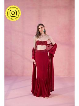 Old Marigold - Heartbeat Red Hand-Embellished Bandeau Blouse with Mermaid Skirt and Dupatta Set