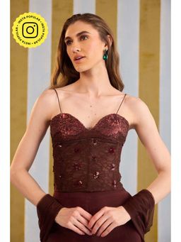 Old Marigold - Brown Mocha Cherry Embellished Stitched Corset