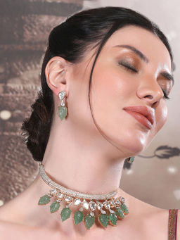 Auraa Trends - Green Leaf Motifs and Crystal Accents Green Gold Plated Necklace with Earrings