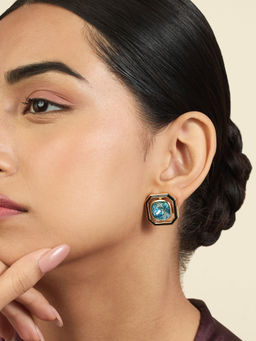 Isharya - 18KT Gold Plated Aqua Goals Square Studs Earrings