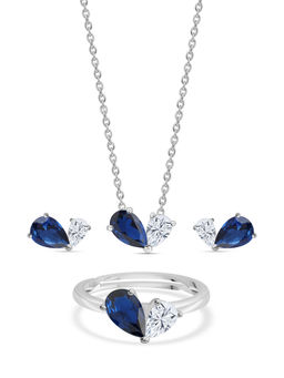 Ornate Jewels - Women Toi Et Moi 925 Silver Blue Sapphire Necklace with Earring & Ring Set
