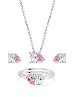Ornate Jewels - Women Toi Et Moi 925 Silver Pink CZ Necklace With Earring & Ring Set