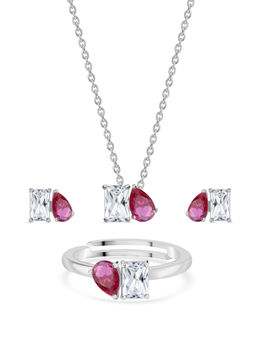 Ornate Jewels - Women Toi Et Moi 925 Silver Red Ruby Necklace with Earring & Ring Set