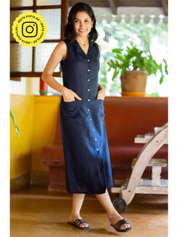 Creatures of Habit - Linen Notch Collar Dress Navy Blue