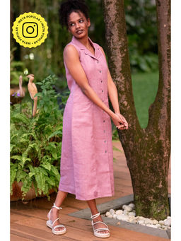Creatures of Habit - Linen Notch Collar Dress Vintage Pink