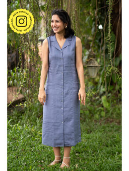 Creatures of Habit - Linen Notch Collar Dress Wildflower Blue