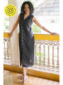 Creatures of Habit - Linen Notch Collar Dress Midnight Black