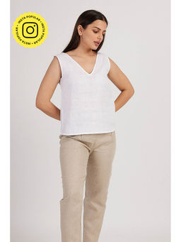 Creatures of Habit - Linen V Neck Top Pearl White