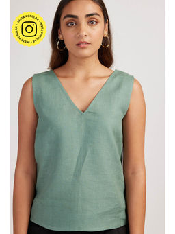 Creatures of Habit - Linen V Neck Top Sage Green