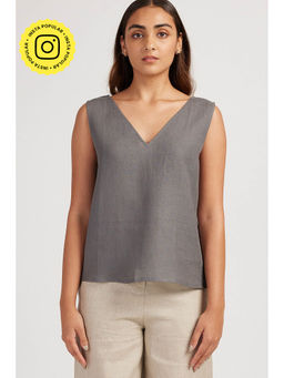 Creatures of Habit - Linen V Neck Top Slate Grey