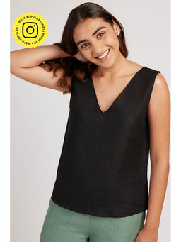 Creatures of Habit - Linen V Neck Top Midnight Black