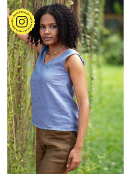 Creatures of Habit - Linen V Neck Top Wildflower Blue