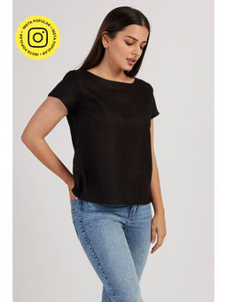 Creatures of Habit - Linen Boat Neck Top Carbon Black