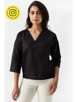 Creatures of Habit - Linen V Neck Top Black Coffee