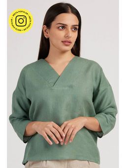Creatures of Habit - Linen V Neck Top Sage Green