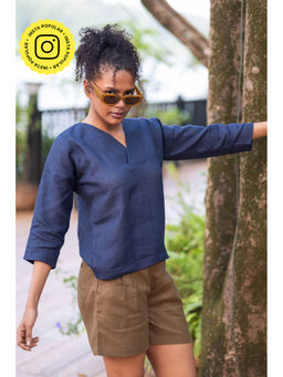 Creatures of Habit - Linen V Neck Top Navy Blue