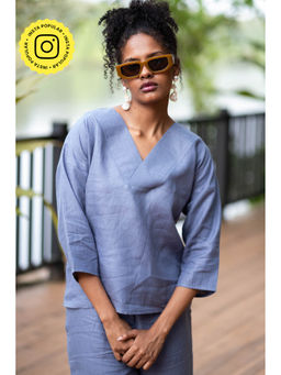 Creatures of Habit - Linen V Neck Top Wildflower Blue