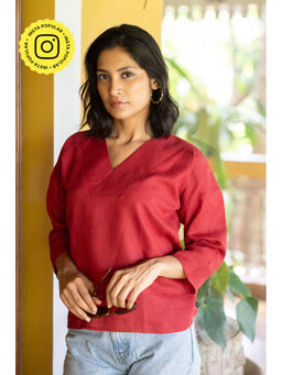 Creatures of Habit - Linen V Neck Top Indian Red