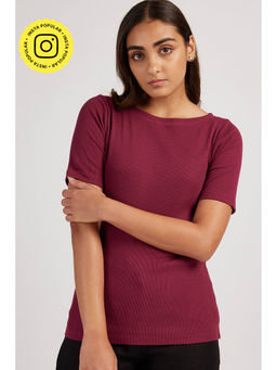 Creatures of Habit - Rib Boat Neck Top Short Sleeve Berry Burgundy