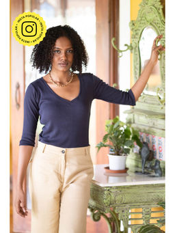 Creatures of Habit - Rib V Neck Top Navy Blue