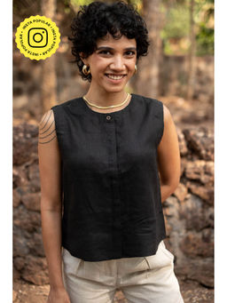 Creatures of Habit - Linen Sleeveless Mid Night Black Shirt