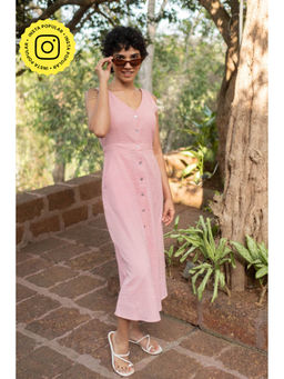 Creatures of Habit - Seersucker V Neck Sleeveless Vintage Pink Midi Dress