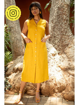 Creatures of Habit - Linen Mustard Notched Lapel Sleeveless Midi Dress