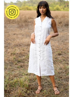 Creatures of Habit - Linen Pearl White Notched Lapel Sleeveless Midi Dress