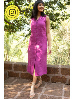 Creatures of Habit - Linen Royal Purple Notched Lapel Sleeveless Midi Dress