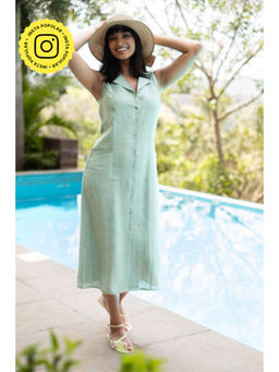 Creatures of Habit - Linen Sage Green Notched Lapel Sleeveless Midi Dress