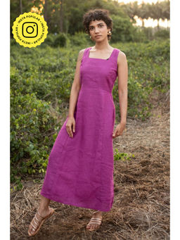 Creatures of Habit - Linen Royal Purple Square Neck Sleeveless Midi Dress