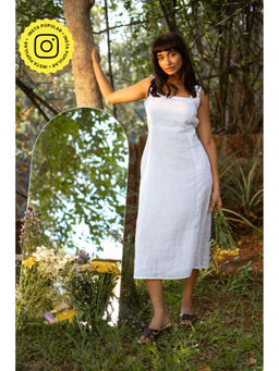 Creatures of Habit - Linen Pearl White Square Neck Sleeveless Midi Dress
