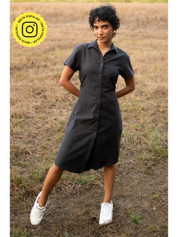 Creatures of Habit - Black Melange Egyptian Cotton Shirt Style Knee Length Dress
