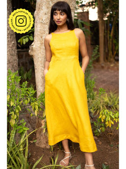 Creatures of Habit - Linen Cutaway Maxi Dress- Mustard