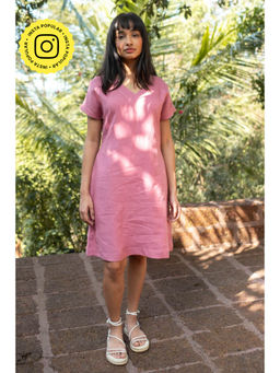 Creatures of Habit - Linen V Neck Shift Dress- Vintage Pink