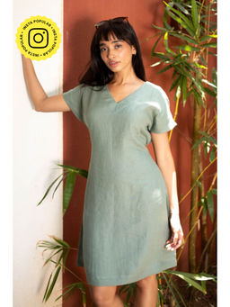 Creatures of Habit - Linen V Neck Shift Dress- Sage Green