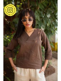 Creatures of Habit - Linen V Neck Top- Tree Trunk Brown