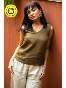 Creatures of Habit - Linen V Neck Tank- Tree Trunk Brown
